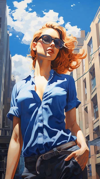una bella giovane donna con una camicia blu