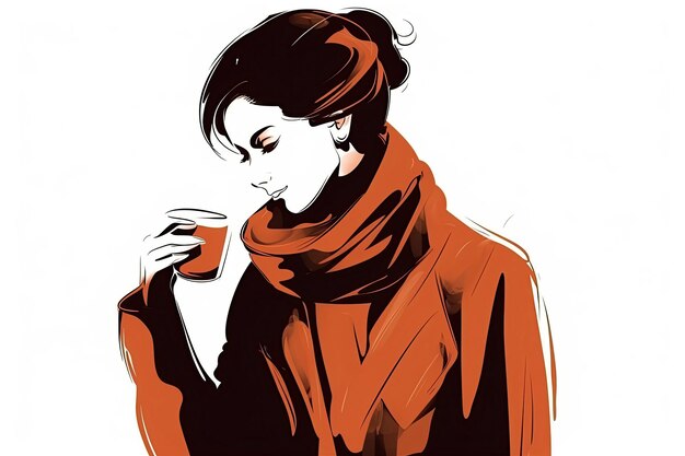 Una bella giovane donna con una tazza di caffè o tè caldo nelle sue mani Illustrazione dell'IA generativa acquerello