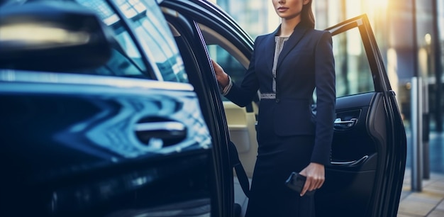 Una bella giovane donna d'affari in piedi in un'auto di lusso e guardando via