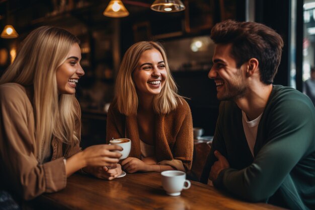 Una bella giovane donna e un uomo stanno bevendo caffè e sorridendo mentre sono seduti in un caffè Un gruppo di amici che si godono il caffè insieme Generato dall'IA