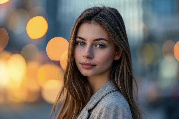 Una bella giovane donna in piedi davanti alla strada della città