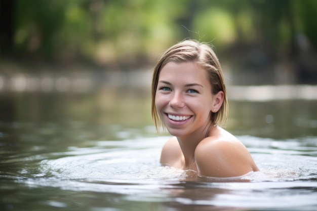 Una bella giovane donna in piedi in acqua con un sorriso