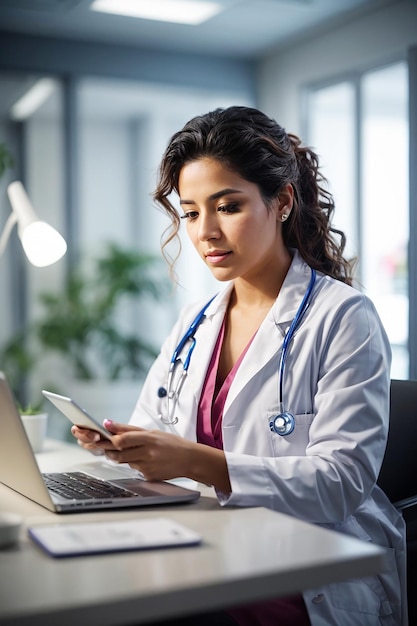 Una bella giovane donna ispana dottoressa si siede alla sua scrivania in clinica con un laptop