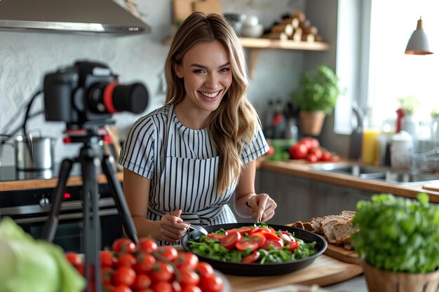 Una bella giovane donna nella sua cucina che prepara il cibo con una videocamera