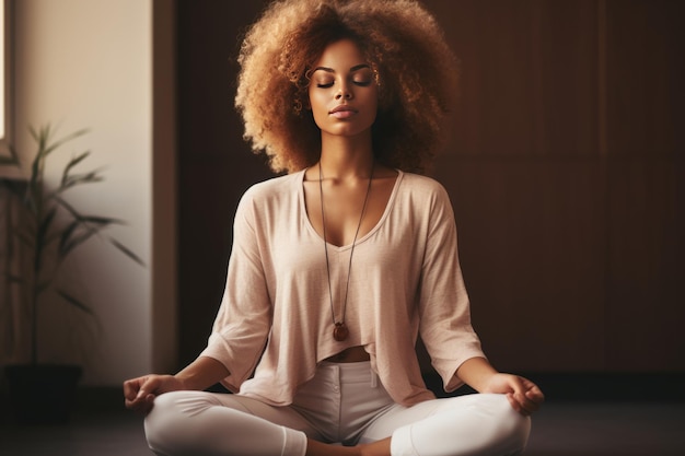 Una bella giovane donna nera impegnata in una sana pratica dello yoga nel suo appartamento urbano contemporaneo