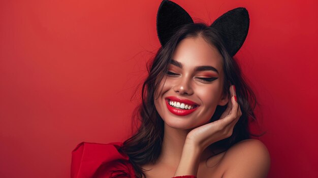 Una bella giovane donna posa con il costume di Catwoman sullo sfondo rosso