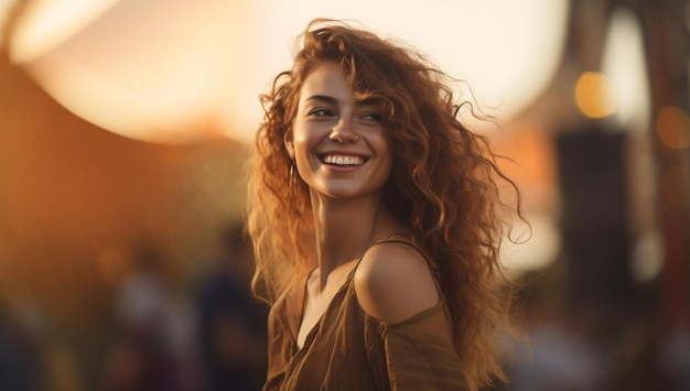 una bella giovane donna Ragazza brasiliana con i capelli ricci sorridente a un festival
