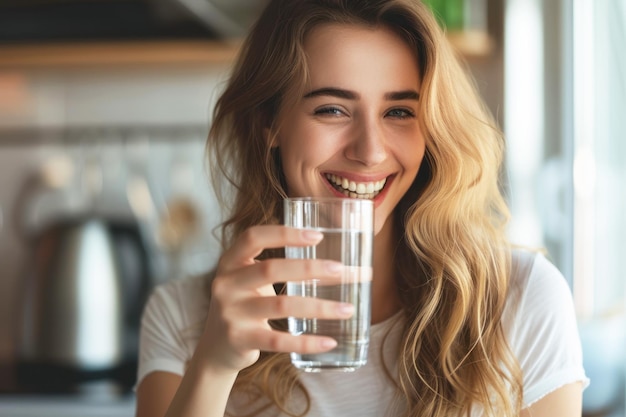 Una bella giovane donna sana tiene un bicchiere d'acqua in cucina sorridendo una giovane ragazza che beve acqua fresca dal bicchiere