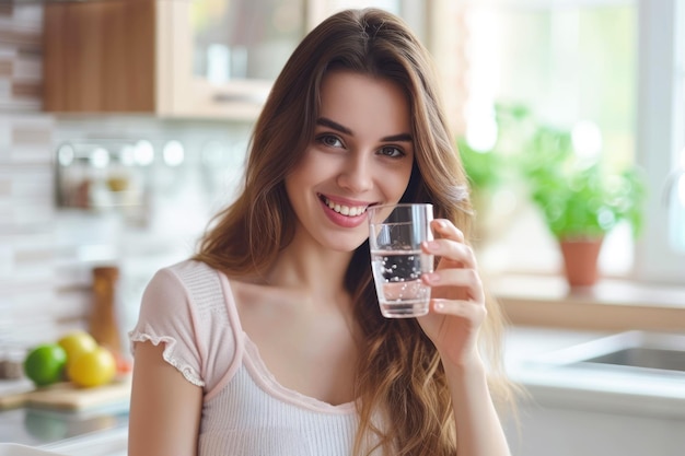 Una bella giovane donna sana tiene un bicchiere d'acqua in cucina sorridendo una giovane ragazza che beve acqua fresca dal bicchiere