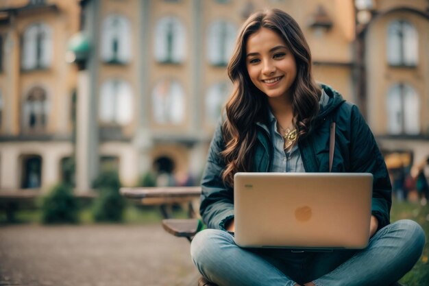 Una bella giovane donna sdraiata su una panchina e che lavora al portatile all'aperto