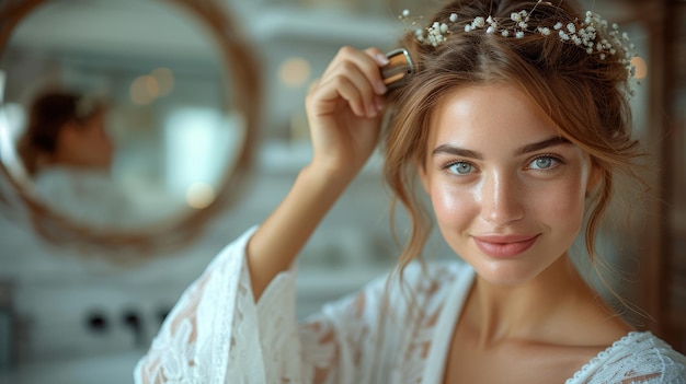 Una bella giovane donna si pettina i capelli spessi e bellissimi con un pettine mentre si trova vicino a uno specchio in bagno.