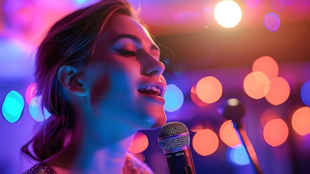 Una bella giovane donna sta cantando in un microfono è circondata da luci colorate