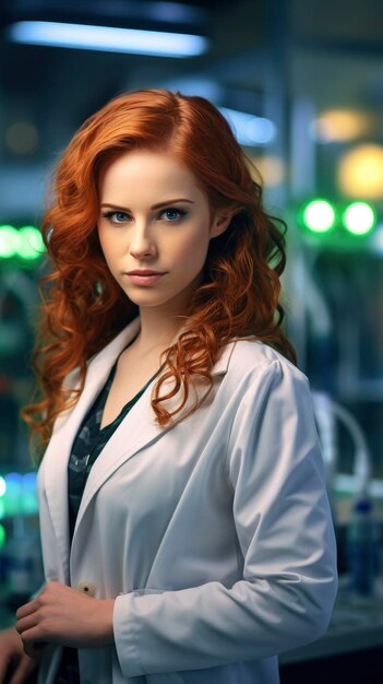 Una bella giovane scienziata dai capelli rossi con un cappotto bianco.