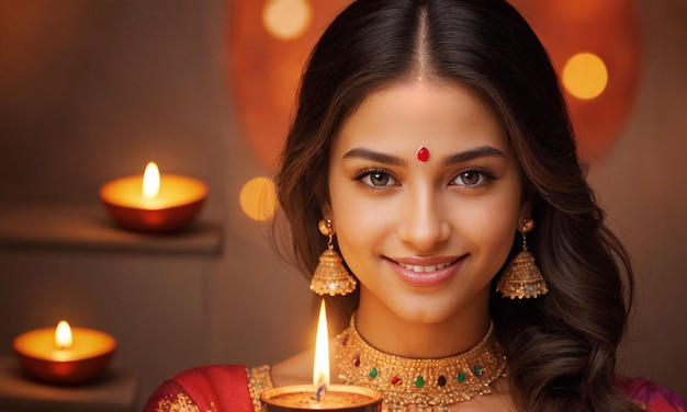 Una bella giovane signora indiana che tiene in braccio Diya a Diwali