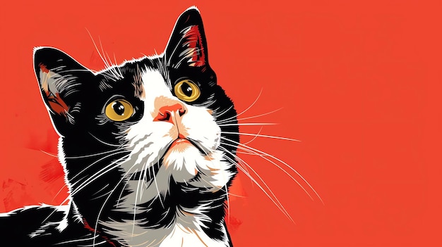 Una bella illustrazione di un gatto che guarda in alto con gli occhi larghi Il gatto ha la pelliccia bianca e nera e lo sfondo è un rosso solido