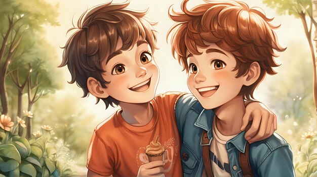 Una bella illustrazione di un ragazzo affascinante che condivide un sorriso cordiale con un amico