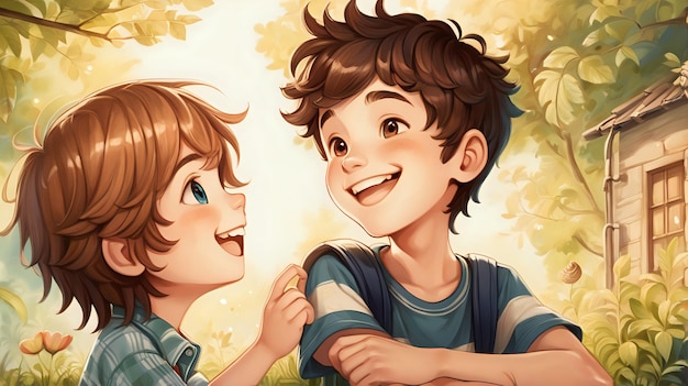 Una bella illustrazione di un ragazzo affascinante che condivide un sorriso cordiale con un amico