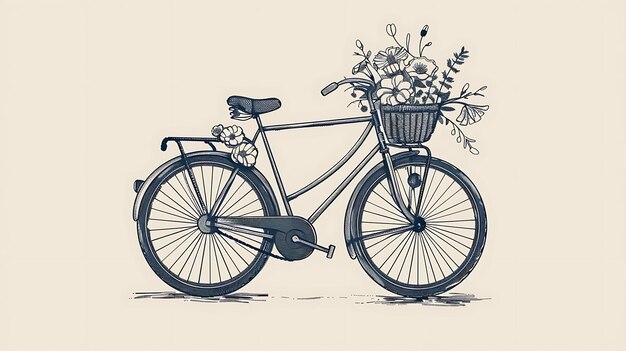 Una bella illustrazione di una bicicletta d'epoca con un cesto pieno di fiori