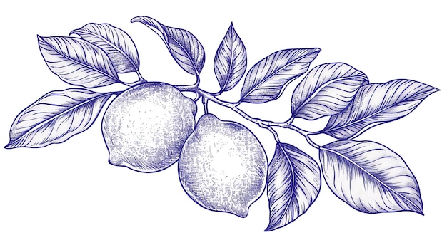 Una bella illustrazione disegnata a mano di un ramo di limone con foglie I limoni sono dettagliati e realistici e le foglie sono delicate e venate