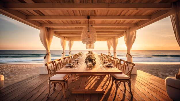 Una bella immagine della sala da pranzo all39aperto di un beach club di fascia alta che offre uno spazio raffinato e invitante per i pasti al mare