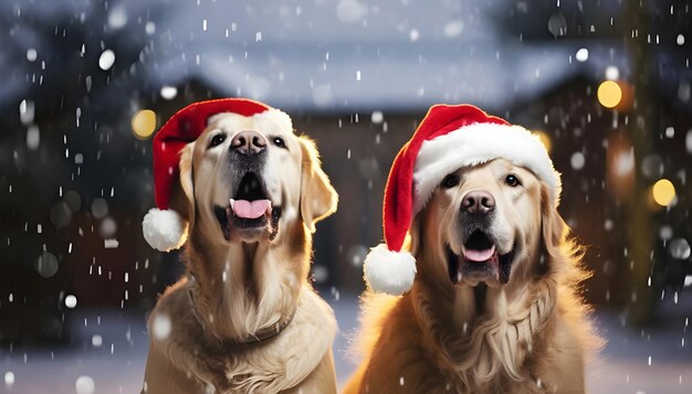 Una bella immagine di due cani vestiti da Babbo Natale sullo sfondo di fiocchi di neve