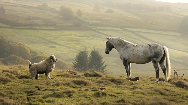 Una bella immagine di un cavallo e di una pecora in piedi in un campo verde lussureggiante