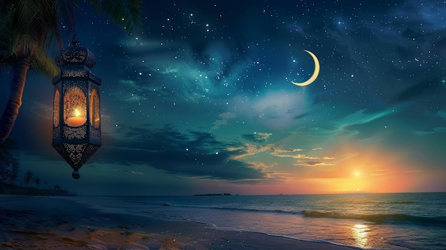Una bella immagine di una lanterna sulla spiaggia con una mezzaluna nel cielo notturno con un