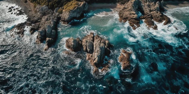 Una bella immagine di una spiaggia rocciosa con una scogliera dall'altoVeduta aerea Scatto panoramico IA generativa