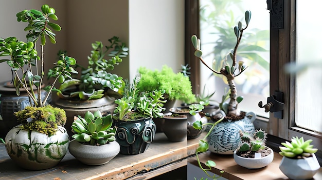 Una bella immagine di una varietà di piante da camera in vaso su uno scaffale di legno