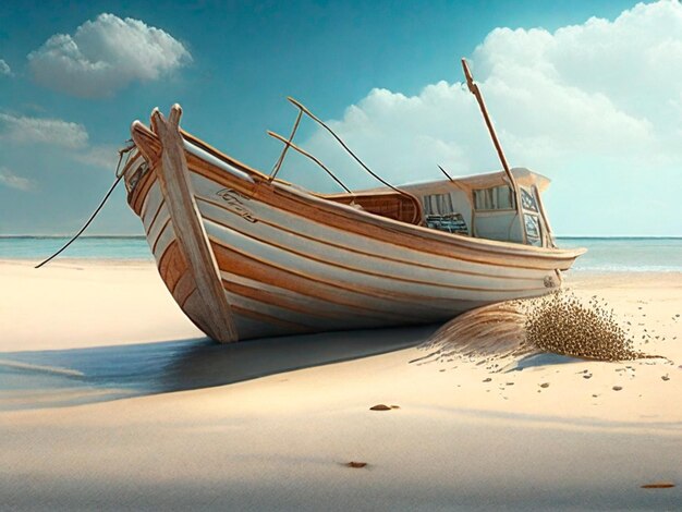 una bella immagine realistica di una barca sulla spiaggia durante il giorno