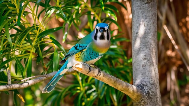 Una bella jay della foresta in piedi su un ramo d'albero