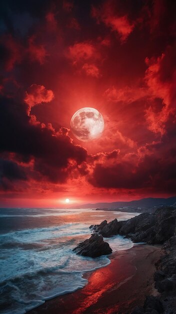 Una bella luna drammatica sul mare di colore rosso generata dall'AI