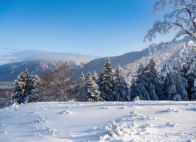 Una bella mattina fredda d'inverno sullo sfondo della neve con alberi, foresta e montagna sullo sfondo