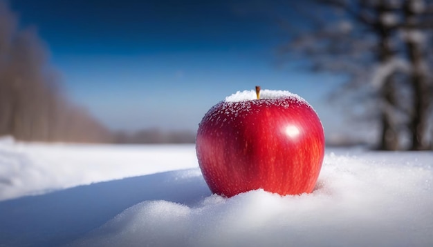 Una bella mela rossa rossa sulla neve