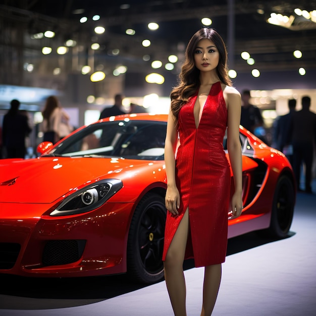 una bella modella asiatica in piedi accanto a una macchina sportiva rossa a un'esposizione automobilistica