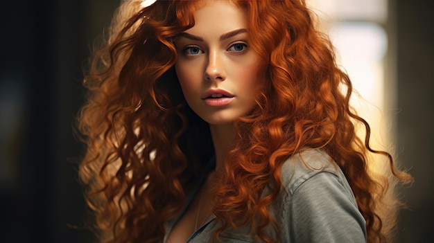 Una bella modella con lunghi capelli rossi ricci, testa rossa, generativa Ai.