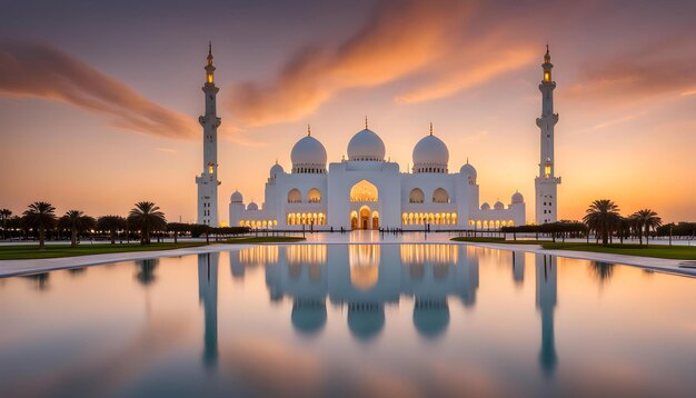 una bella moschea con un riflesso del tramonto nell'acqua