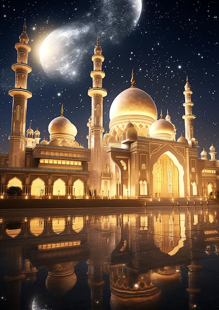 Una bella moschea islamica con cielo notturno stellato