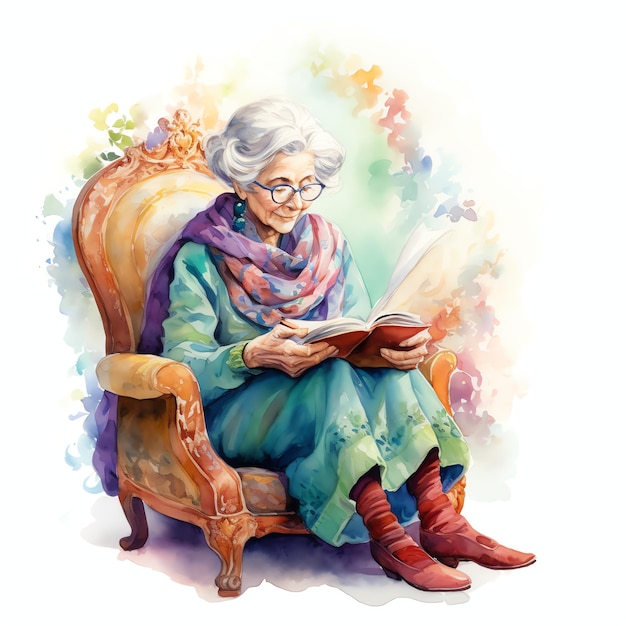 una bella nonna libraria che legge un libro acquerello clipart illustrazione