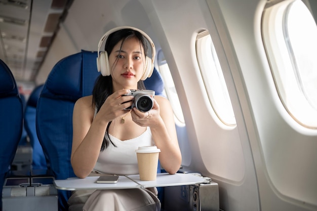 Una bella passeggera asiatica sta scattando foto con la sua fotocamera durante il volo
