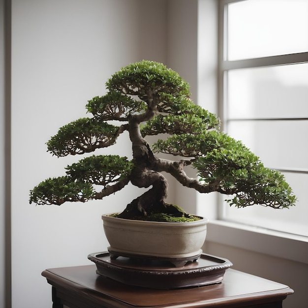 Una bella pianta di bonsai in vaso in una stanza in stile classico