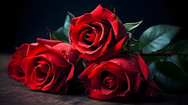Una bella pila di quattro fiori di rosa rossa insieme ad alcune foglie e goccioline d'acqua sembra fresca posa sullo sfondo nero dello studio
