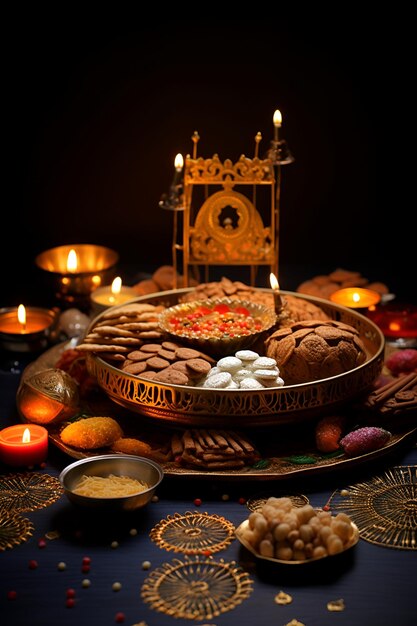 Una bella presentazione di dolci tradizionali colorati e saporiti di Diwali