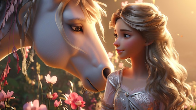Una bella principessa con lunghi capelli biondi e un cavallo bianco su uno sfondo di fiori
