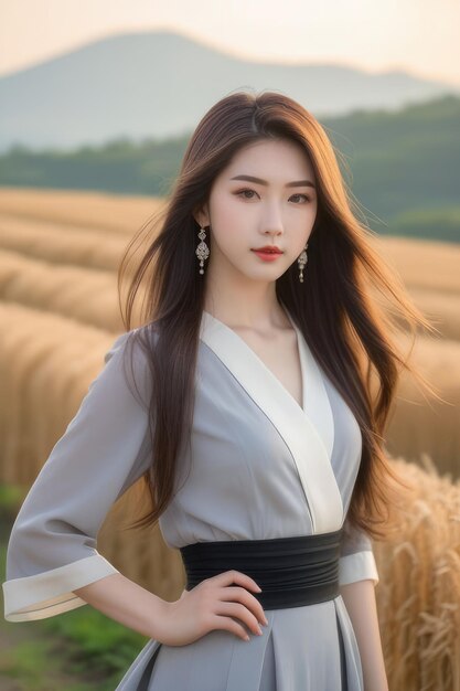 Una bella ragazza asiatica in abiti grigi sullo sfondo della campagna all'alba