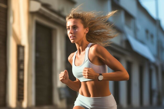 Una bella ragazza atletica corre lungo la strada in città una donna che fa sport e fitness all'aperto