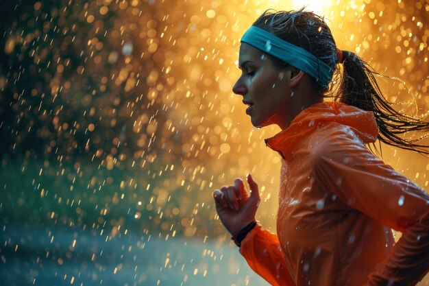 Una bella ragazza atletica di trenta anni corre sotto la pioggia in un giorno d'estate con la luce cinematografica retroilluminata