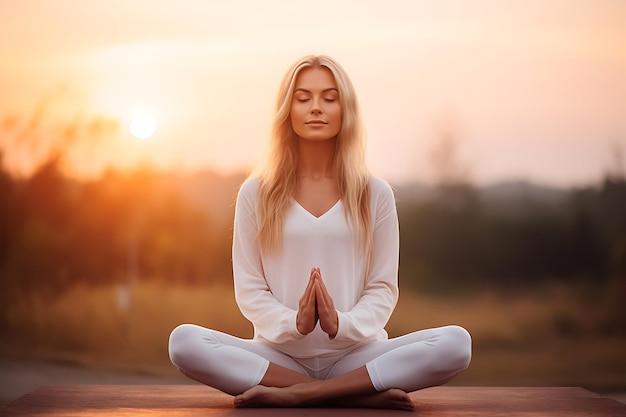 Una bella ragazza bionda che pratica yoga fuori all'alba.