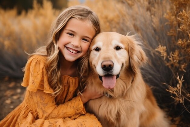 Una bella ragazza bionda con un vestito abbraccia il suo amato cane retriever dai capelli rossi all'aperto