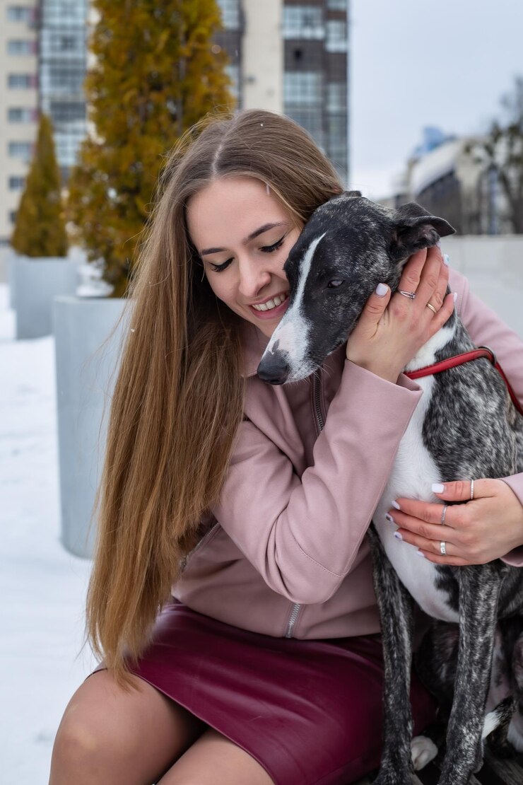 una bella ragazza bionda è seduta su una panchina e abbraccia un cane whippet
